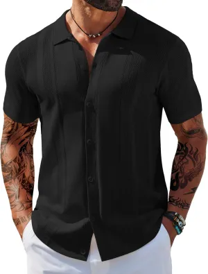 COOFANDY Men's Knit Shirts Short Sleeve Button Down Polo Shirt Vintage Casual Beach Shirt Summer Tops