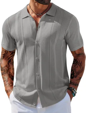 COOFANDY Men's Knit Shirts Short Sleeve Button Down Polo Shirt Vintage Casual Beach Shirt Summer Tops