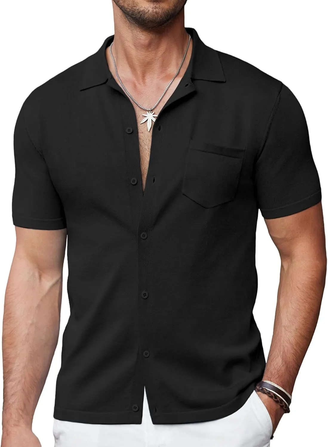 COOFANDY Mens Short Sleeve Knit Shirts Button Down Vintage Polo Casual Beach Shirts