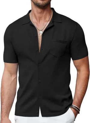 COOFANDY Mens Short Sleeve Knit Shirts Button Down Vintage Polo Casual Beach Shirts
