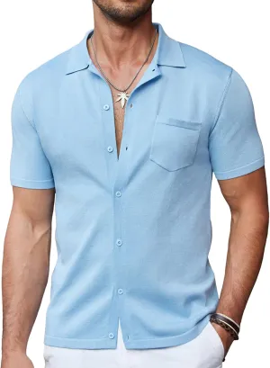 COOFANDY Mens Short Sleeve Knit Shirts Button Down Vintage Polo Casual Beach Shirts