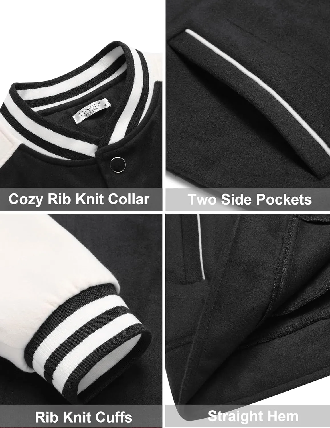COOFANDY Men's Varsity Jacket Wool Blend Letterman Bomber Jacket Baseball Lightweight Jacket