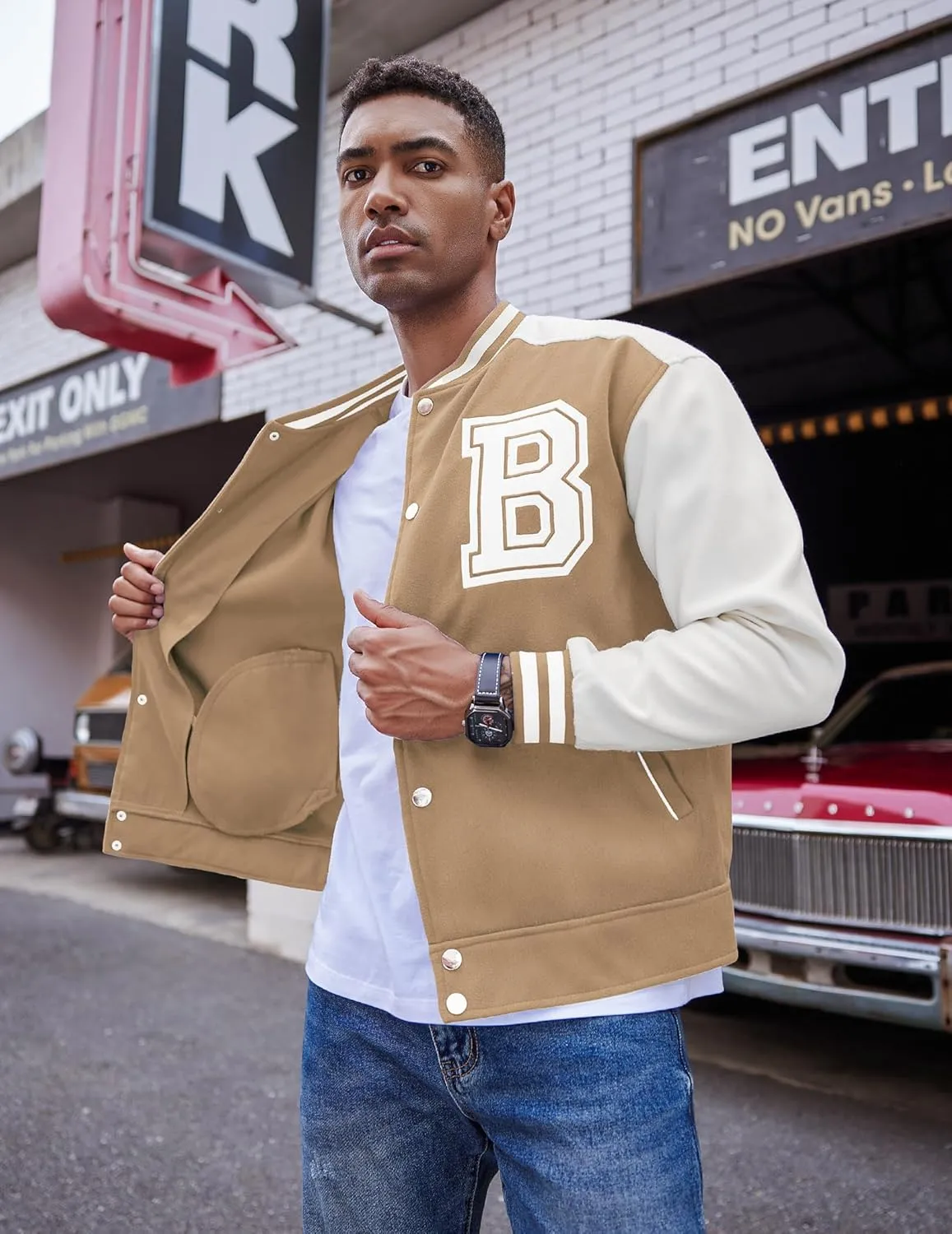 COOFANDY Men's Varsity Jacket Wool Blend Letterman Bomber Jacket Baseball Lightweight Jacket