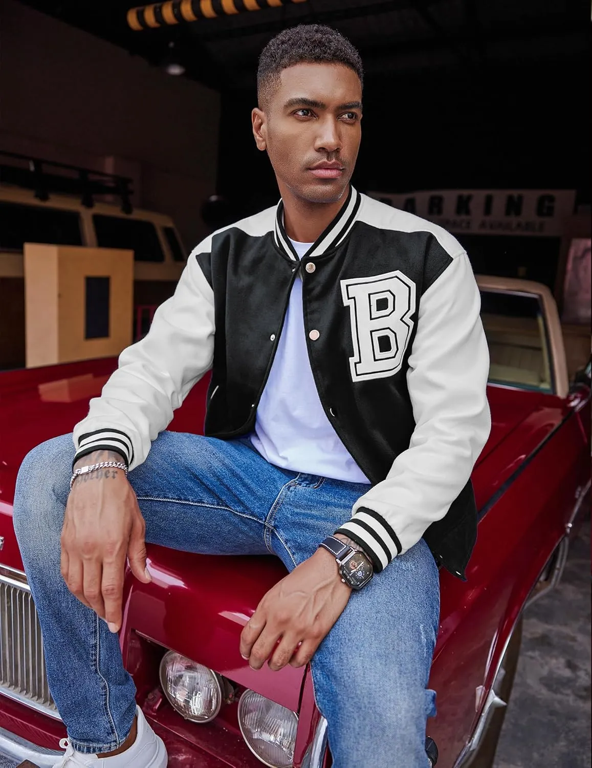 COOFANDY Men's Varsity Jacket Wool Blend Letterman Bomber Jacket Baseball Lightweight Jacket