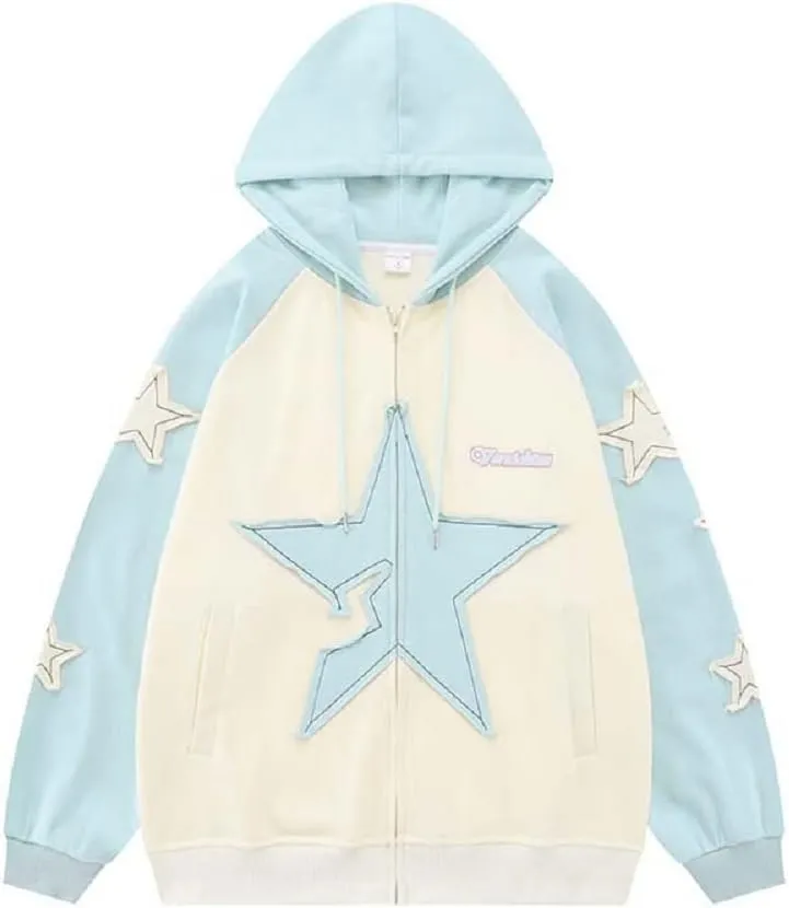 COOLMONAR Women Zip Up Hoodie Casual Long Sleeve Y2K Vintage Graphic Aesthetic Sweatshirts Top E-Girl 90s Streetwear Jacket