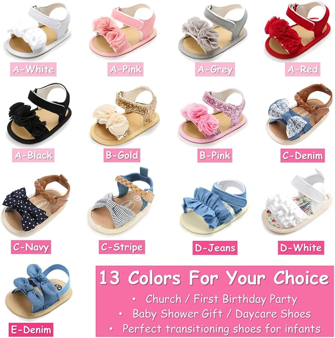 COSANKIM Infant Baby Girls Summer Sandals with Flower Soft Sole Newborn Toddler First Walker Crib Dress Shoes