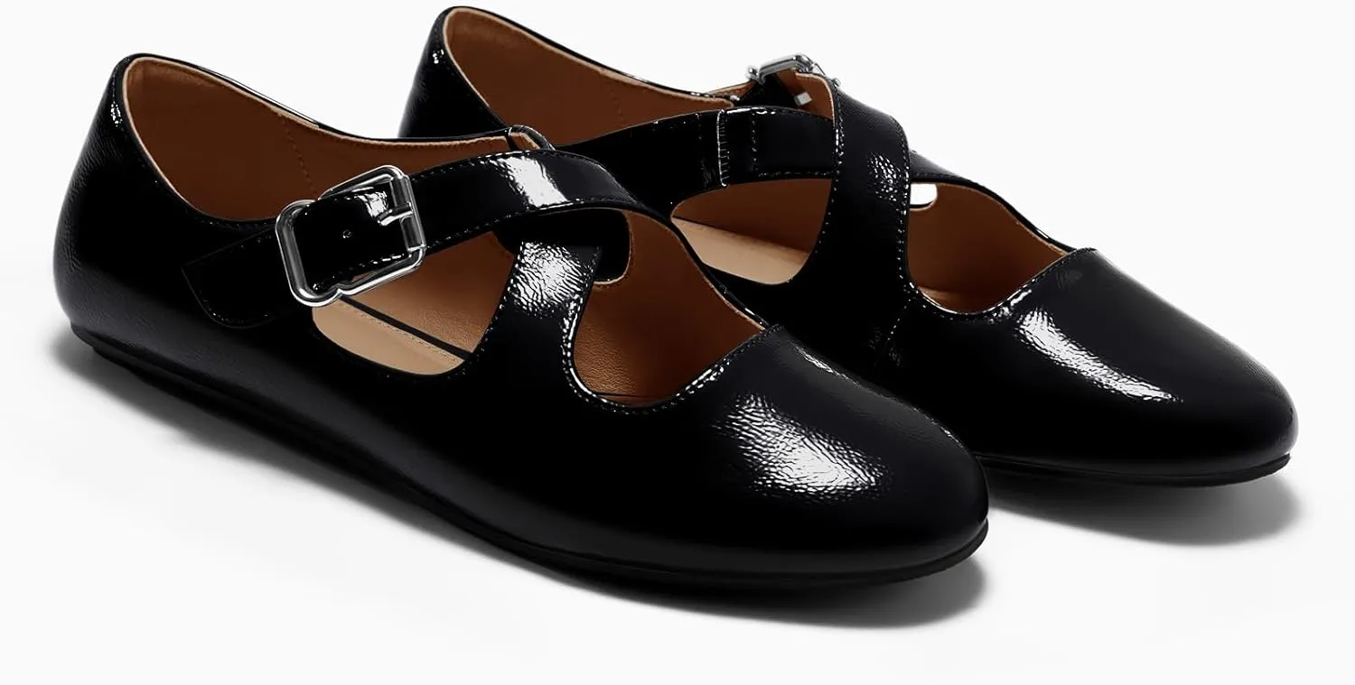 Coutgo Women's Ballet Flats Comfortable Closed Round Toe Criss Cross Ankle Strap Dress Dance Flat Shoes