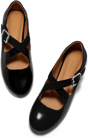 Coutgo Women's Ballet Flats Comfortable Closed Round Toe Criss Cross Ankle Strap Dress Dance Flat Shoes