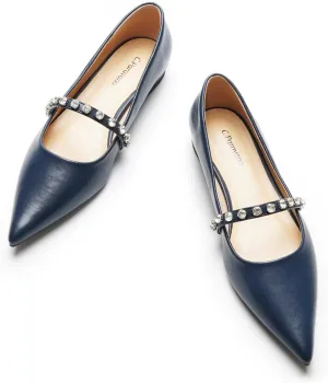 C.Paravano Crystal Strap Flats Pointed Toe Shoes Mary Jane Women's Flats for Dressy Office Causal