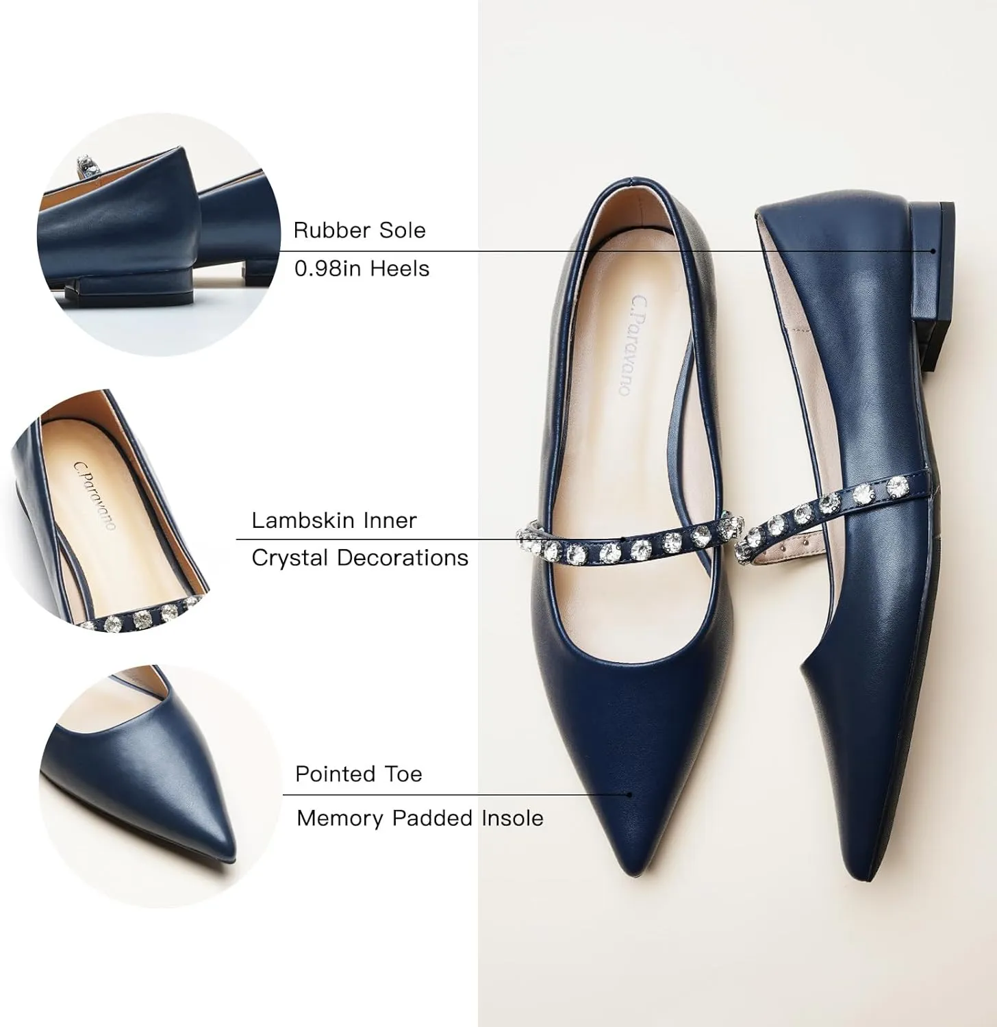 C.Paravano Crystal Strap Flats Pointed Toe Shoes Mary Jane Women's Flats for Dressy Office Causal