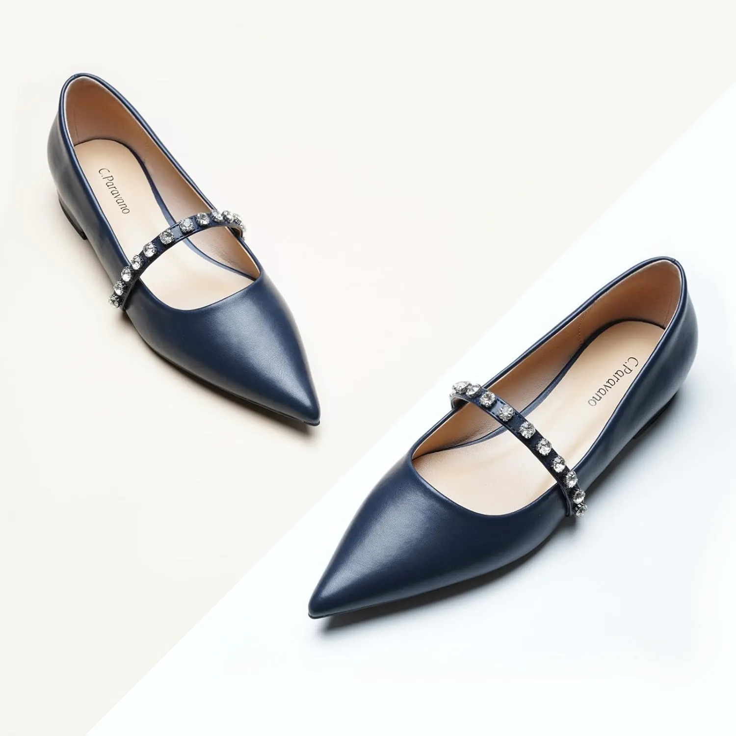 C.Paravano Crystal Strap Flats Pointed Toe Shoes Mary Jane Women's Flats for Dressy Office Causal