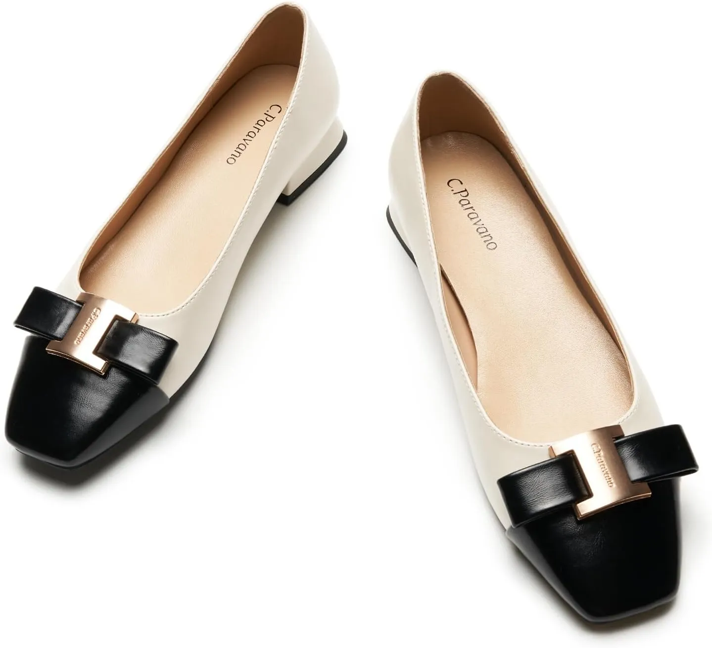 C.Paravano Women's Ballet Flats Bowknot Square Toe Low Block Heel Soft Leather Shoes for Office, Casual and Dressy Occasions,Two-Tone Flats for Women(White&Black,8.5)