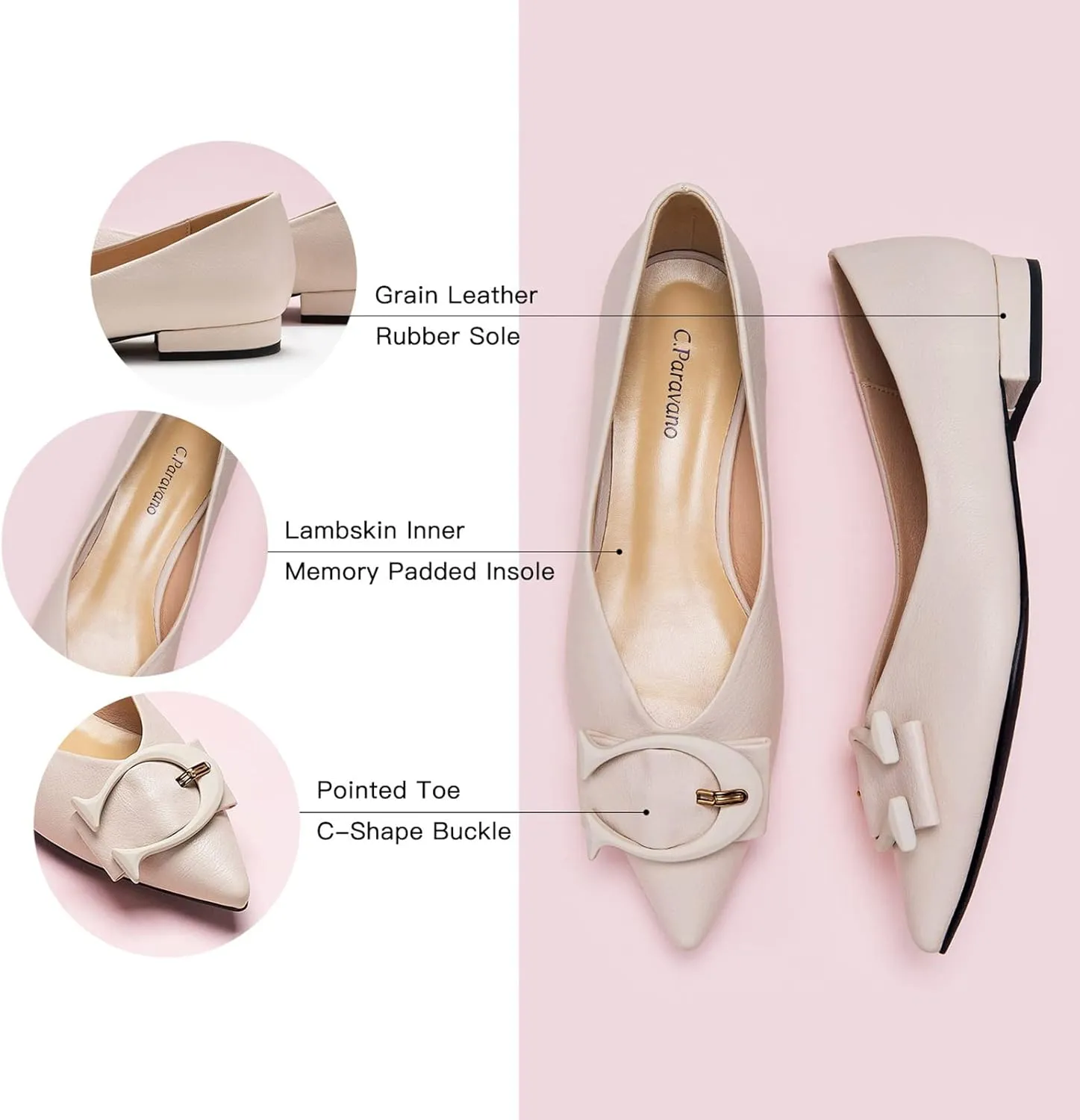 C.Paravano Women's Ballet Pointed Toe Leather Comfortable Slip On Work Flats