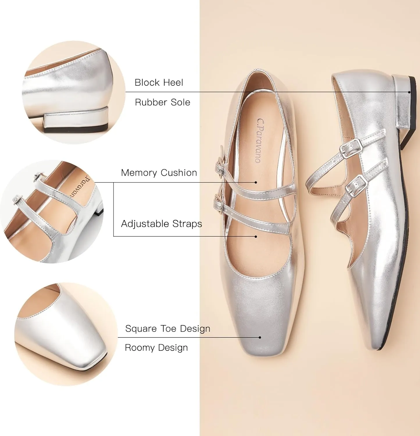 C.Paravano Women's Flats Mary Jane Flats Square Toe Block Heel Adjustable Double Straps Flats Fashion Casual Dressy Shoes for Office，Weddings & Cocktail Parties
