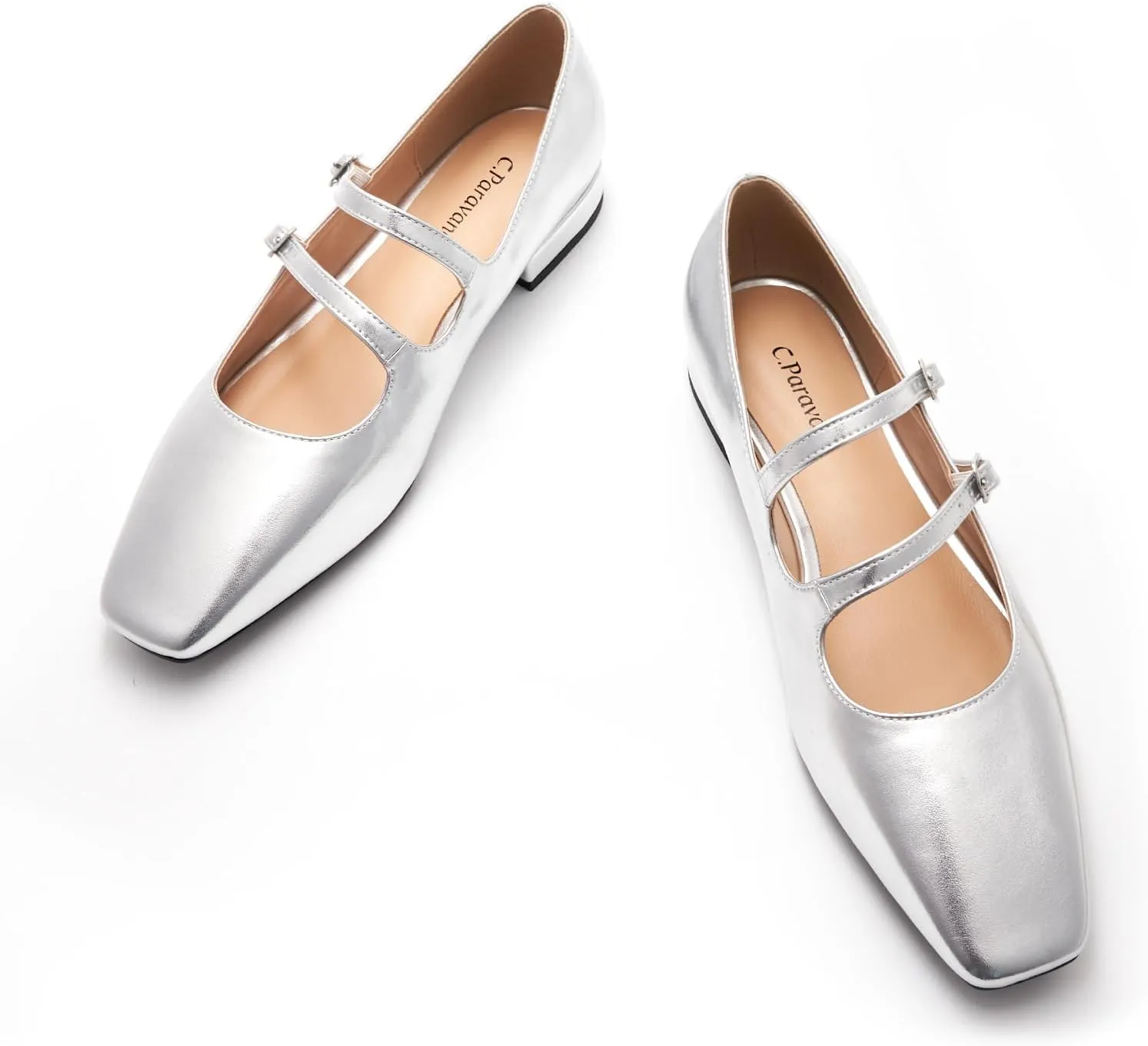 C.Paravano Women's Flats Mary Jane Flats Square Toe Block Heel Adjustable Double Straps Flats Fashion Casual Dressy Shoes for Office，Weddings & Cocktail Parties