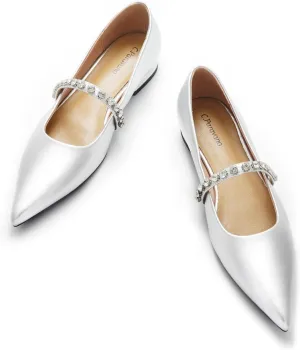 C.Paravano Women’s Flats Pointed Toe Crystal Strap Comfortable Slip On Shoes for Wedding Guest, Office, Cocktail Party, Date Night, Business Casual (Size 8.5,Silver)