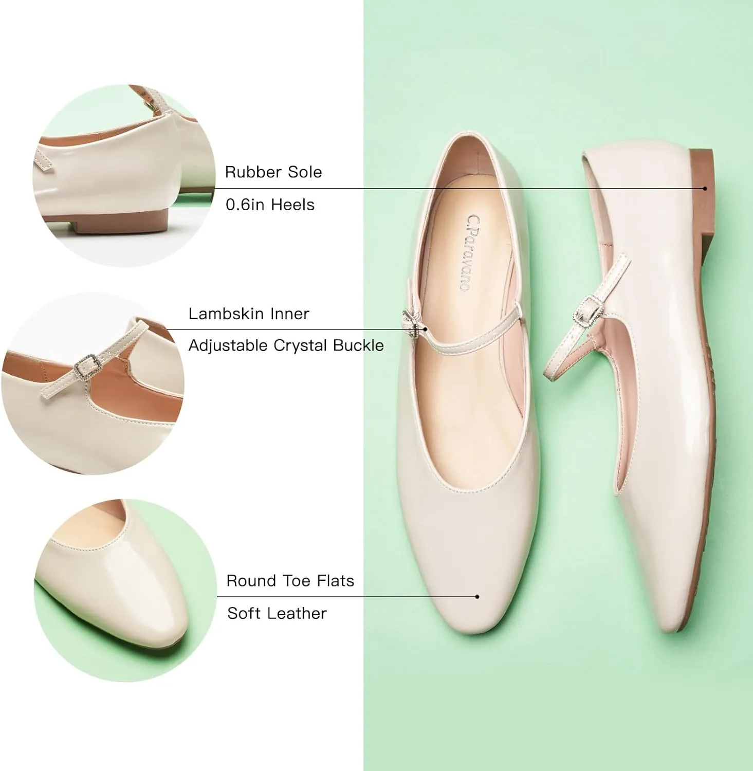C.Paravano Women's Mary Jane Ballet Flats | Round Toe Leather Flats with Strap | Comfortable Work & Casual Shoes for Daily Wear