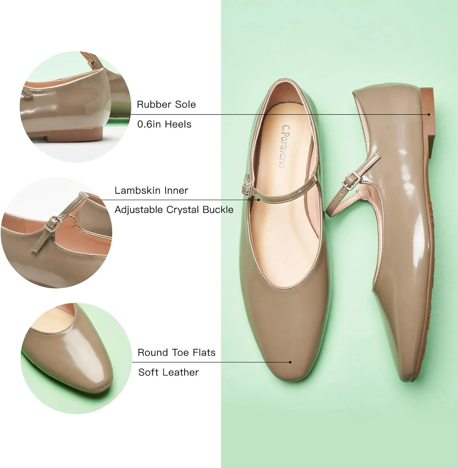 C.Paravano Women's Mary Jane Ballet Flats | Round Toe Leather Flats with Strap | Comfortable Work & Casual Shoes for Daily Wear