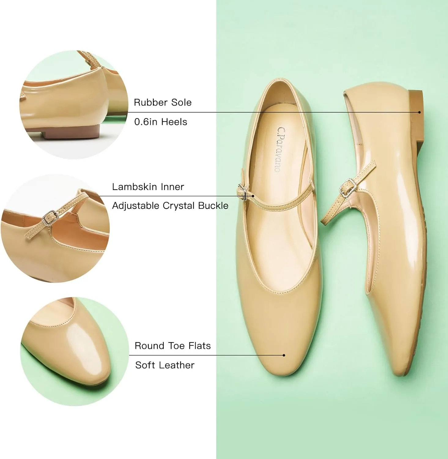 C.Paravano Women's Mary Jane Flats | Almond Toe Flats for Women | Leather Ballet Flats with Strap | Fashion Comfortable Work & Casual Shoes for Daily Wear,Walking