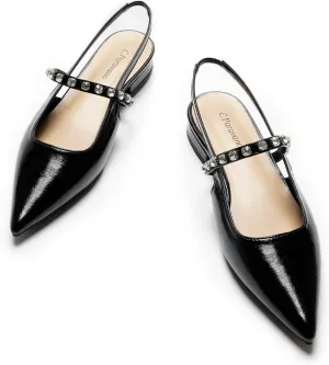 C.Paravano Women's Slingback Flats Crystal Strap Pointed Toe Sandals Comfortable Leather Dress Shoes for Wedding, Party, Work & Everyday Casual(Size 12,Silver)