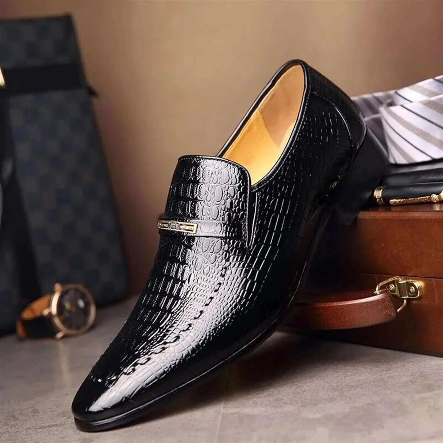 Crocodile Print Men's Oxfords Pumps Pointed Toe Flat Business Loafers Casual Leather Non-Slip Moccasins Comfort Soft Sole Prints Leather Shoes