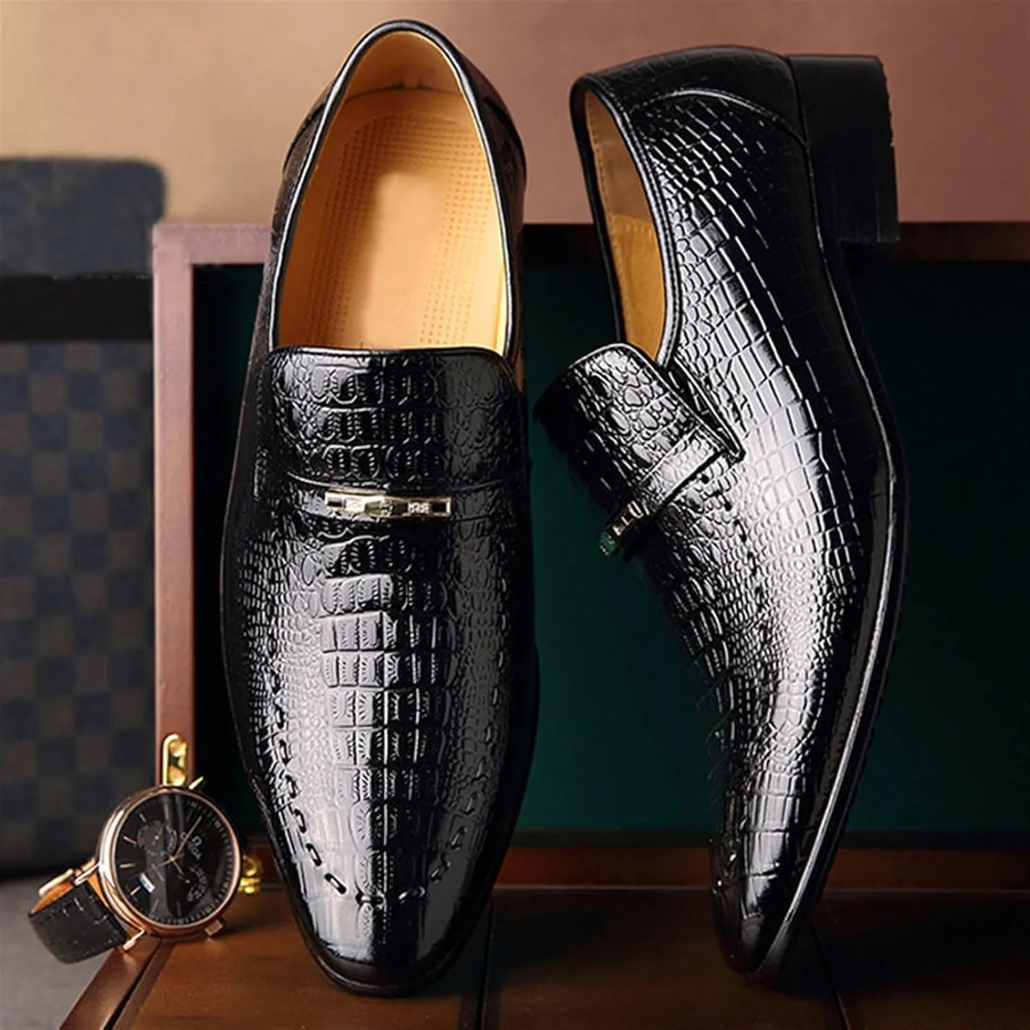 Crocodile Print Men's Oxfords Pumps Pointed Toe Flat Business Loafers Casual Leather Non-Slip Moccasins Comfort Soft Sole Prints Leather Shoes
