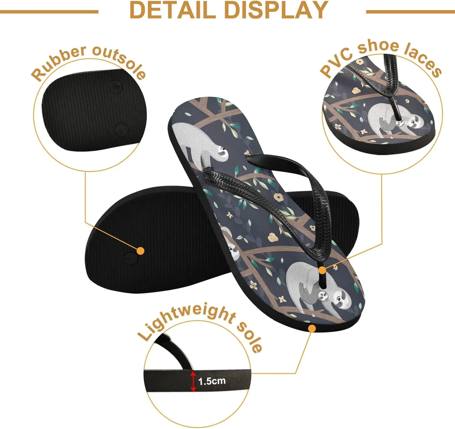 Cute Baby Sloths Tropical Tree Flowers Womens Flip Flops Funny Animal Floral Summer Beach Sandals Casual Thong Slippers Comfortable Shower Slippers Non Slip Water Sandals shoes XXL