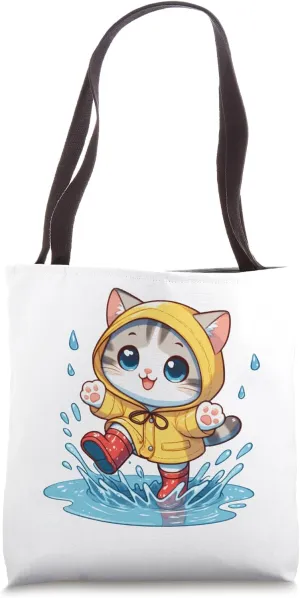 Cute Kitten Splashing in Puddle Raincoat Adorable Rain Art Tote Bag