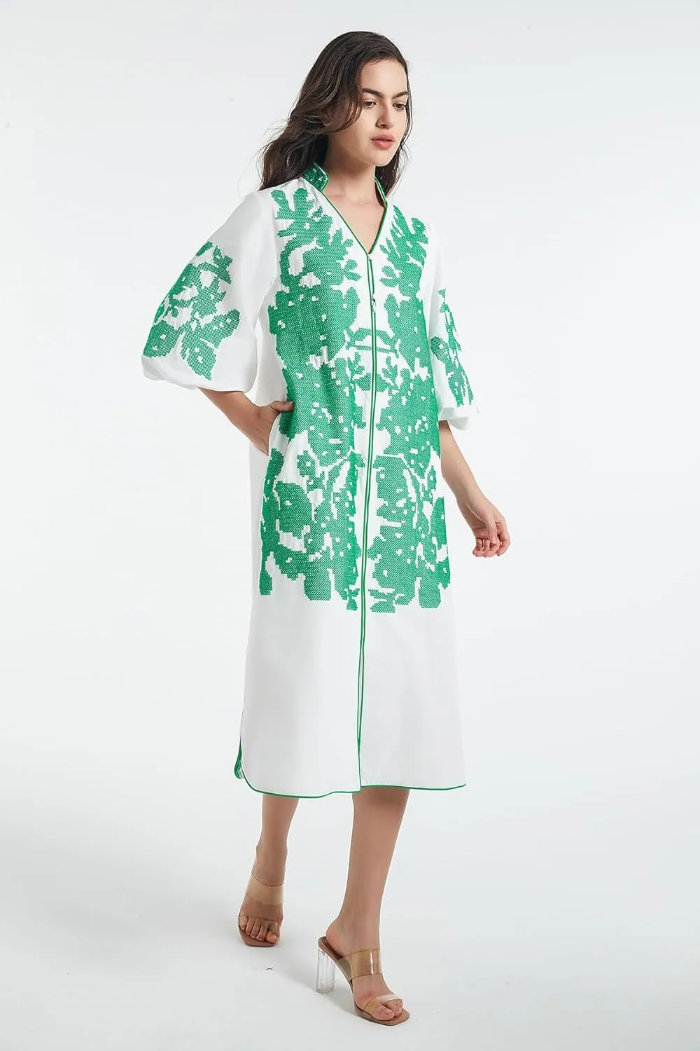 D-Sun Women Casual V-Neck Mid Dress Floral Embroidery 3/4 Sleeves Spring Summer Tunic Dress Loose Zip Party Dress with Pocket