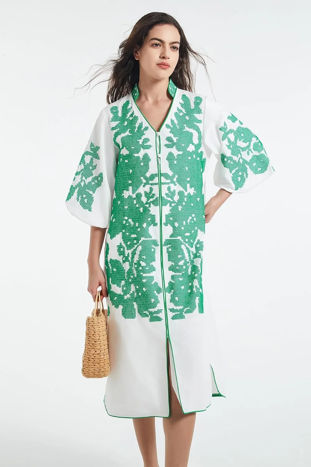 D-Sun Women Casual V-Neck Mid Dress Floral Embroidery 3/4 Sleeves Spring Summer Tunic Dress Loose Zip Party Dress with Pocket