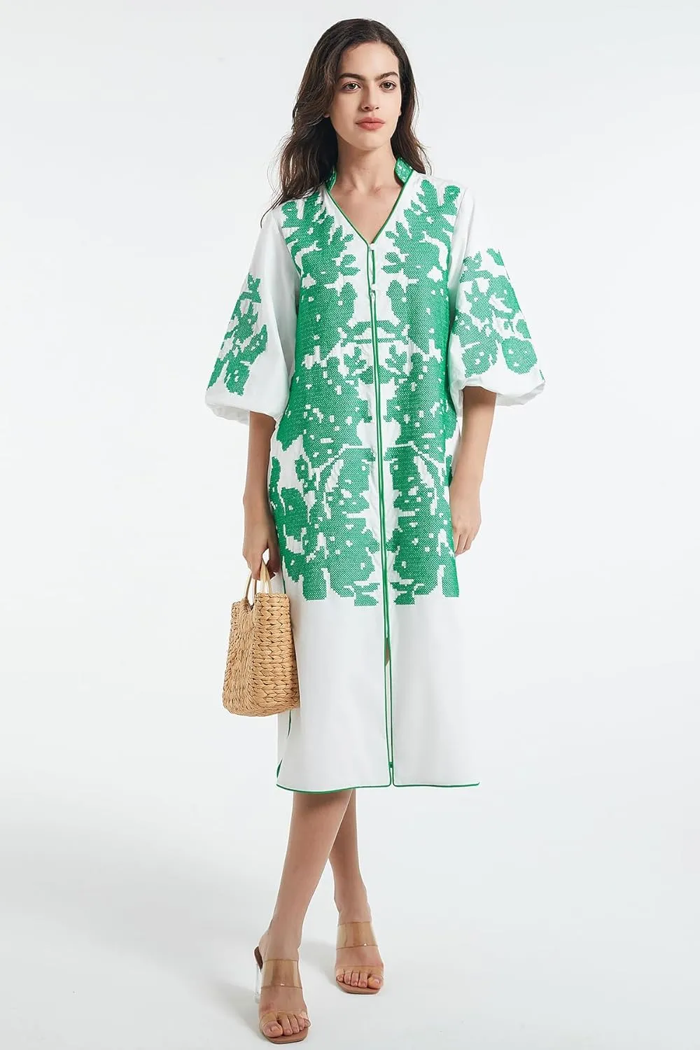 D-Sun Women Casual V-Neck Mid Dress Floral Embroidery 3/4 Sleeves Spring Summer Tunic Dress Loose Zip Party Dress with Pocket