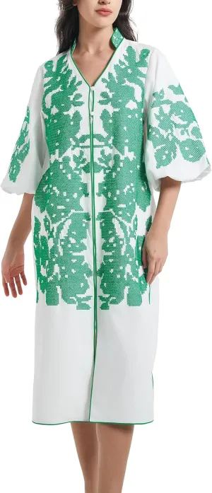 D-Sun Women Casual V-Neck Mid Dress Floral Embroidery 3/4 Sleeves Spring Summer Tunic Dress Loose Zip Party Dress with Pocket