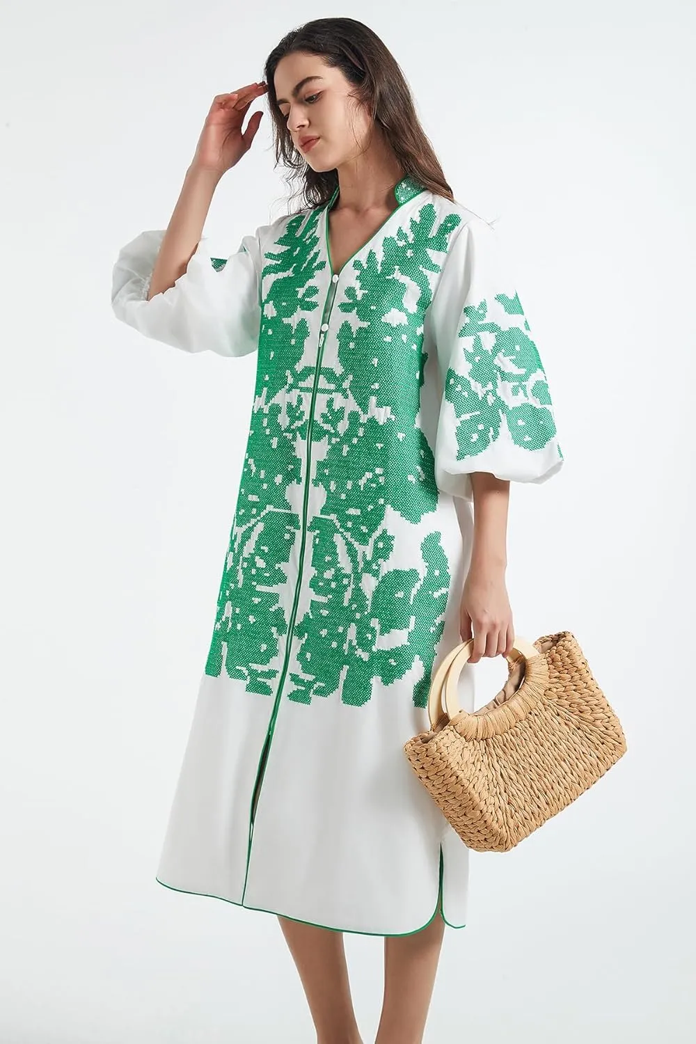 D-Sun Women Casual V-Neck Mid Dress Floral Embroidery 3/4 Sleeves Spring Summer Tunic Dress Loose Zip Party Dress with Pocket