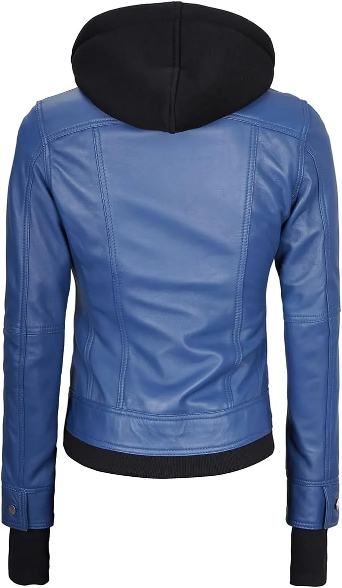 Decrum Hooded Leather Jacket Women - Real Lambskin Womens Leather Jacket with Removable Hood