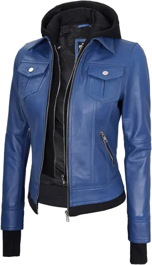 Decrum Hooded Leather Jacket Women - Real Lambskin Womens Leather Jacket with Removable Hood