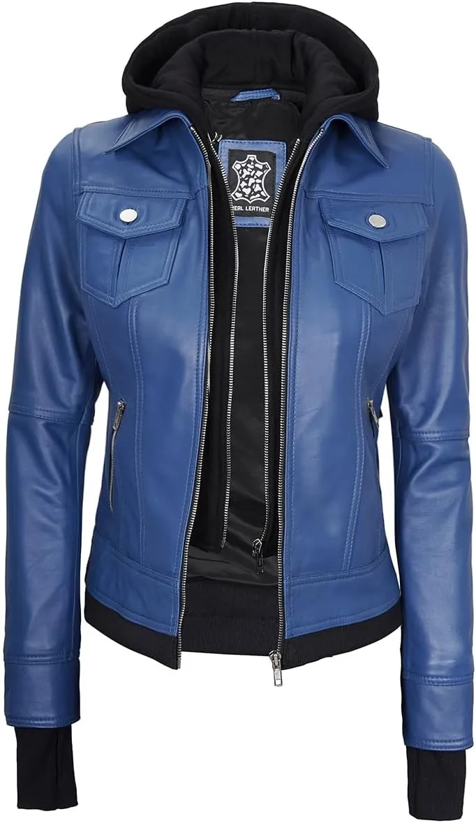 Decrum Hooded Leather Jacket Women - Real Lambskin Womens Leather Jacket with Removable Hood
