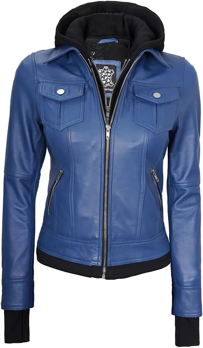 Decrum Hooded Leather Jacket Women - Real Lambskin Womens Leather Jacket with Removable Hood