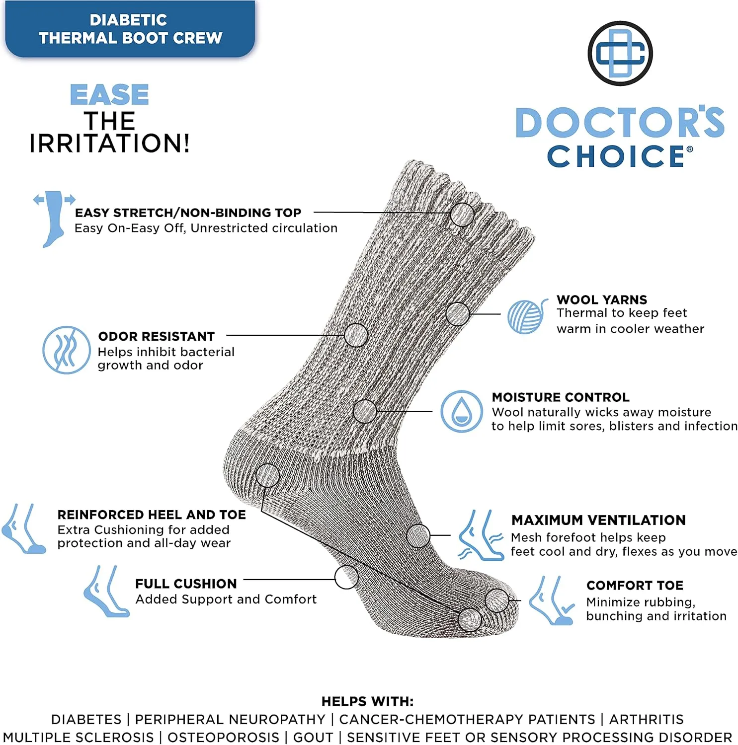 Doctor's Choice Wool Diabetic Socks For Men Size 10-13, Warm, Thermal, Non Binding, Large, Brown, 1 Pair