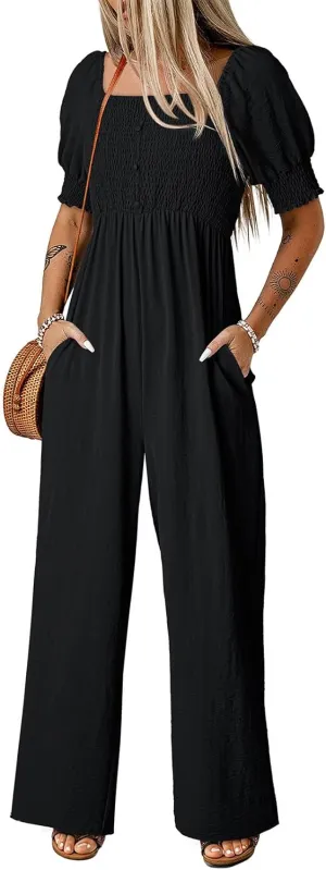 Dokotoo Jumpsuits for Women 2025 Summer Lantern Sleeves Rompers Wide Leg Casual Overalls with Pockets