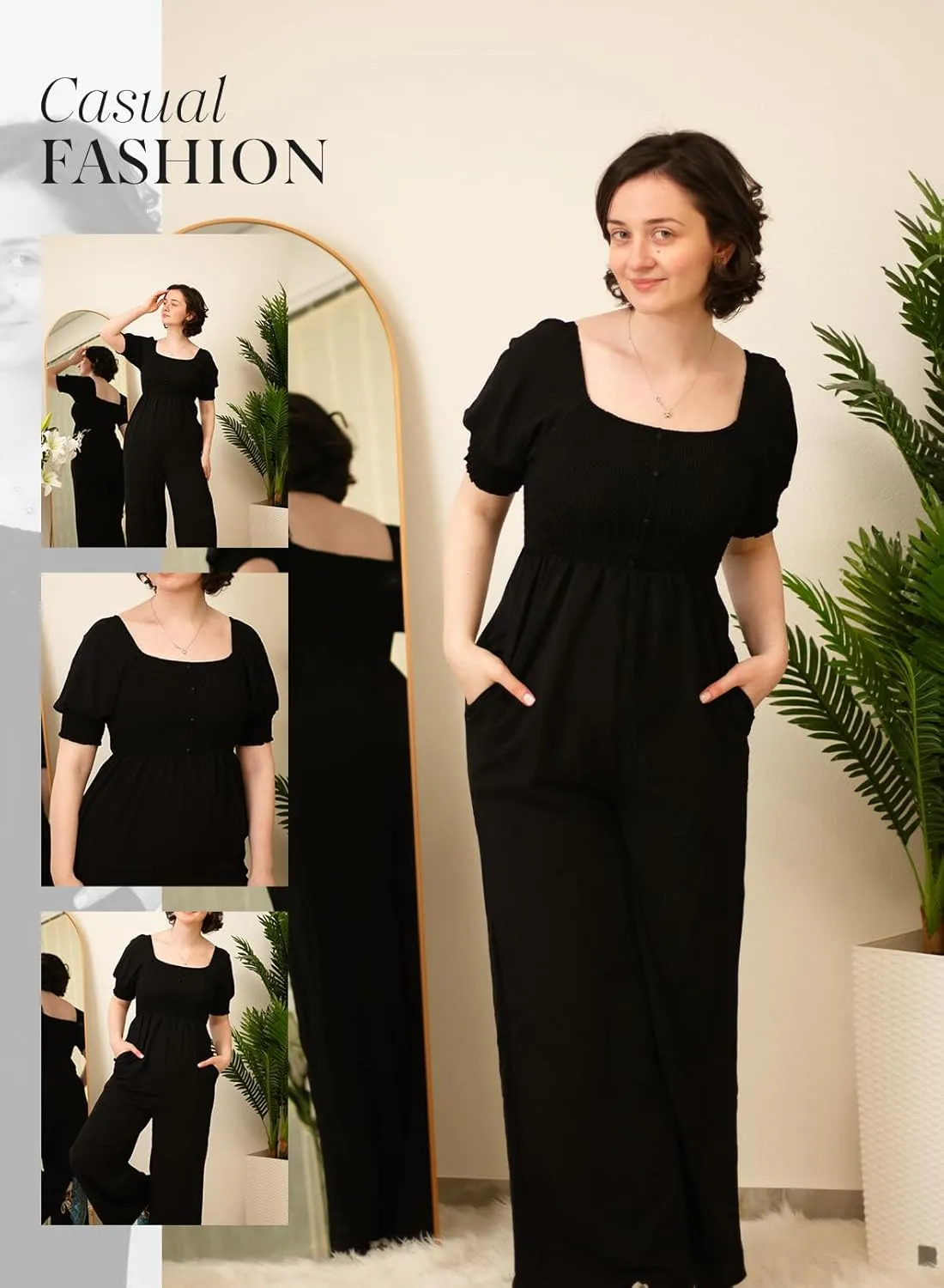 Dokotoo Jumpsuits for Women 2025 Summer Lantern Sleeves Rompers Wide Leg Casual Overalls with Pockets