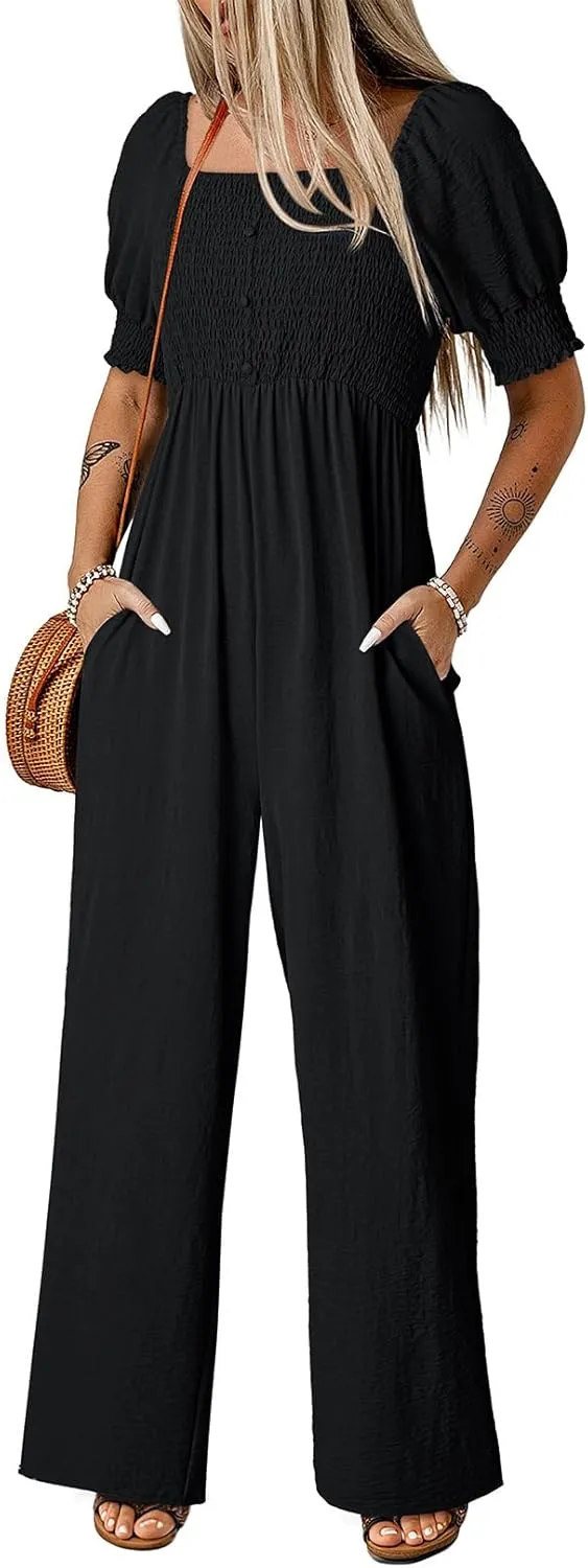 Dokotoo Jumpsuits for Women 2025 Summer Lantern Sleeves Rompers Wide Leg Casual Overalls with Pockets