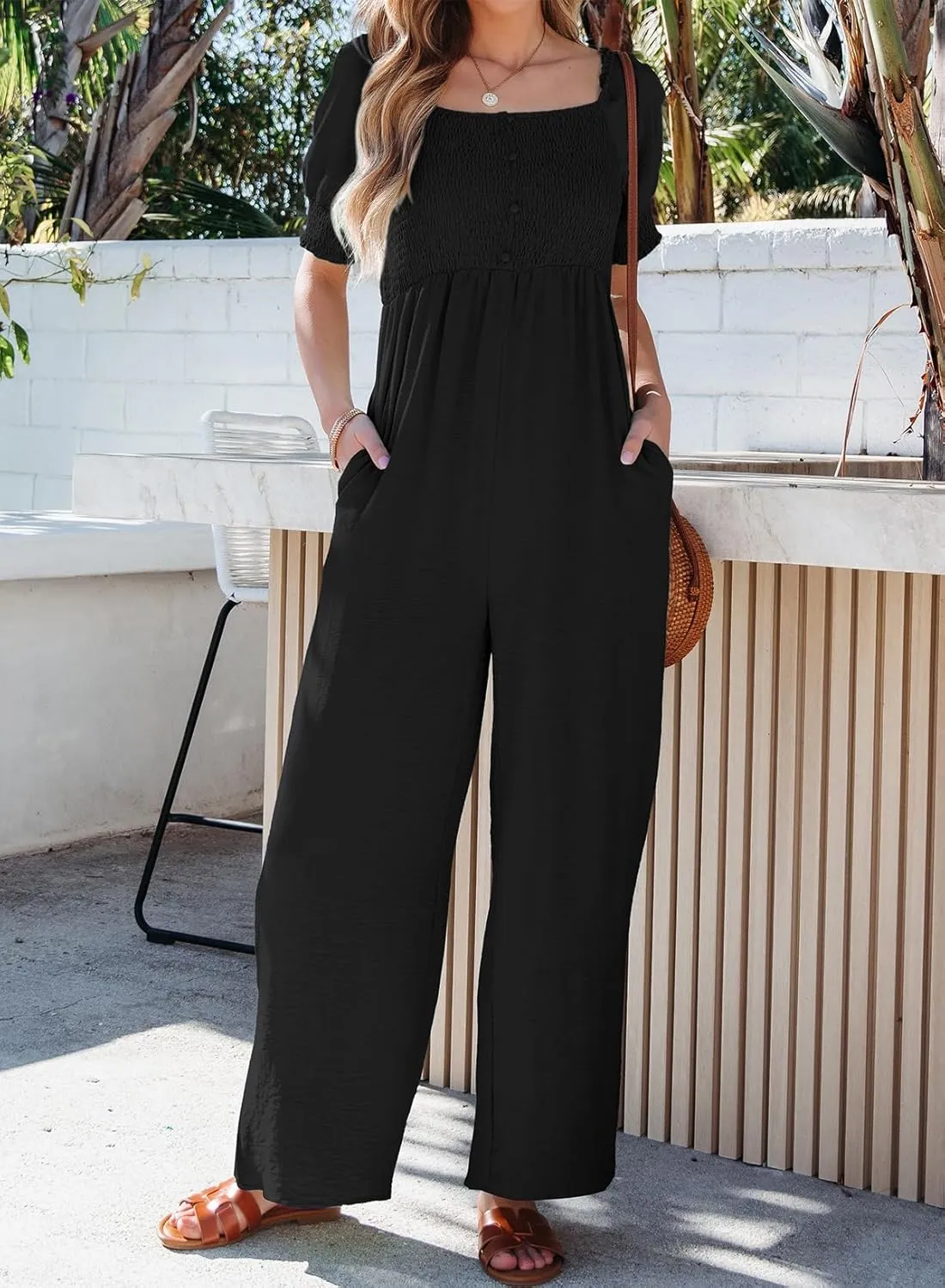 Dokotoo Jumpsuits for Women 2025 Summer Lantern Sleeves Rompers Wide Leg Casual Overalls with Pockets
