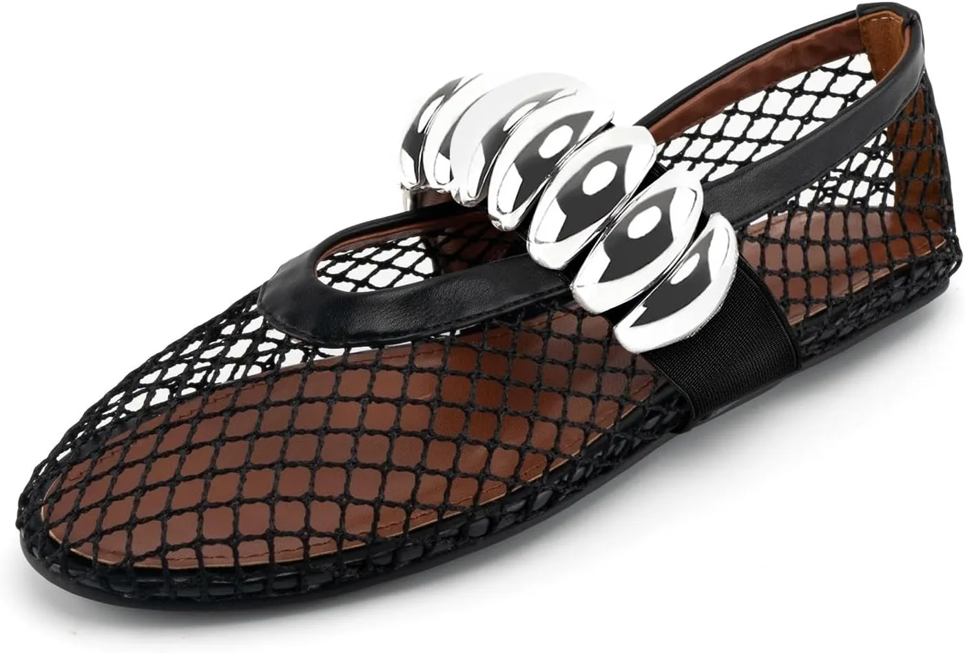 DREAMCIA Mesh Ballet Flats for Women Buckle Strap Ballerina Fishnet Shoes Slip-on Round Toe Jewel Mary Jane Flats Comfy Daily Dress Shoes