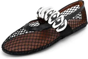 DREAMCIA Mesh Ballet Flats for Women Buckle Strap Ballerina Fishnet Shoes Slip-on Round Toe Jewel Mary Jane Flats Comfy Daily Dress Shoes