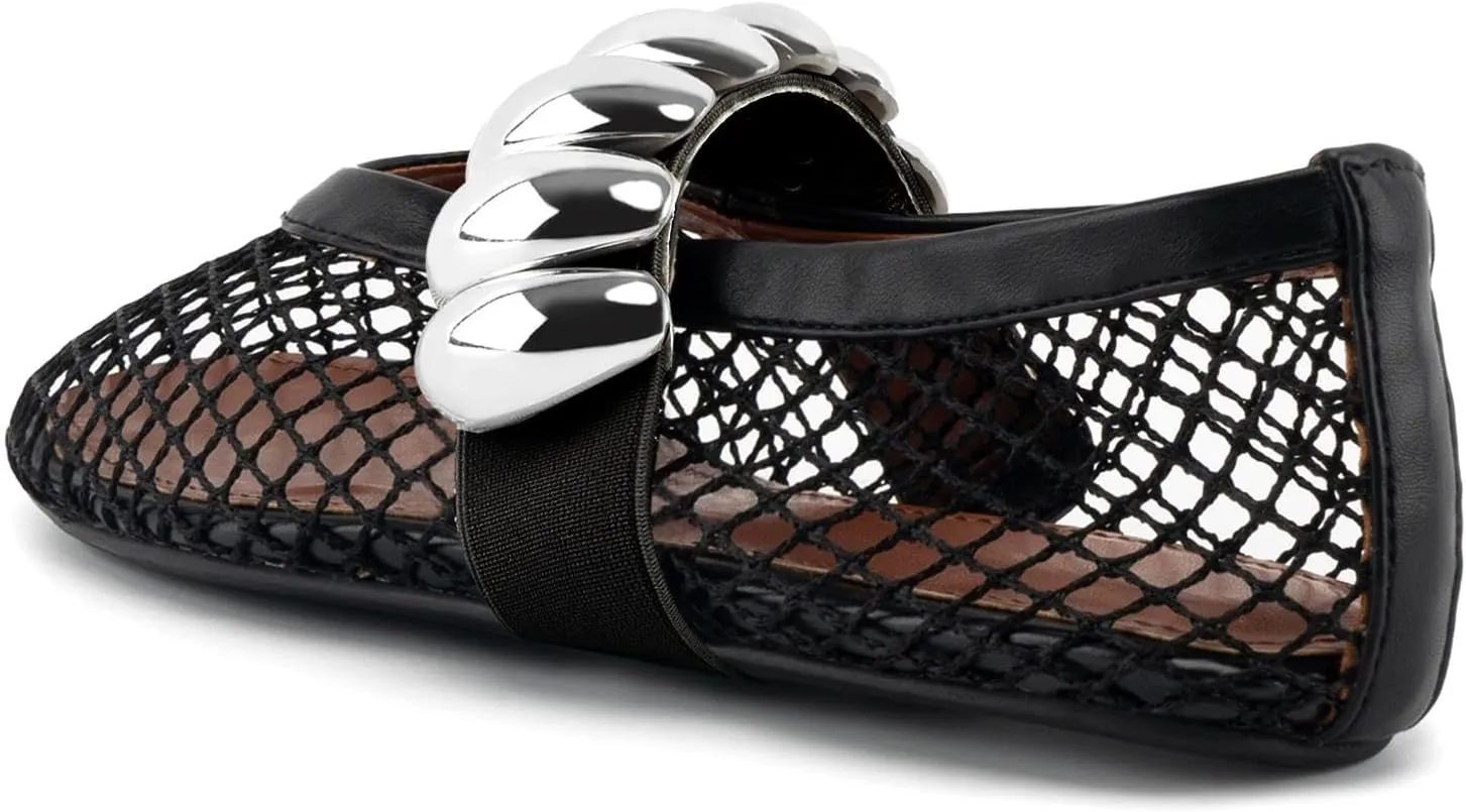 DREAMCIA Mesh Ballet Flats for Women Buckle Strap Ballerina Fishnet Shoes Slip-on Round Toe Jewel Mary Jane Flats Comfy Daily Dress Shoes