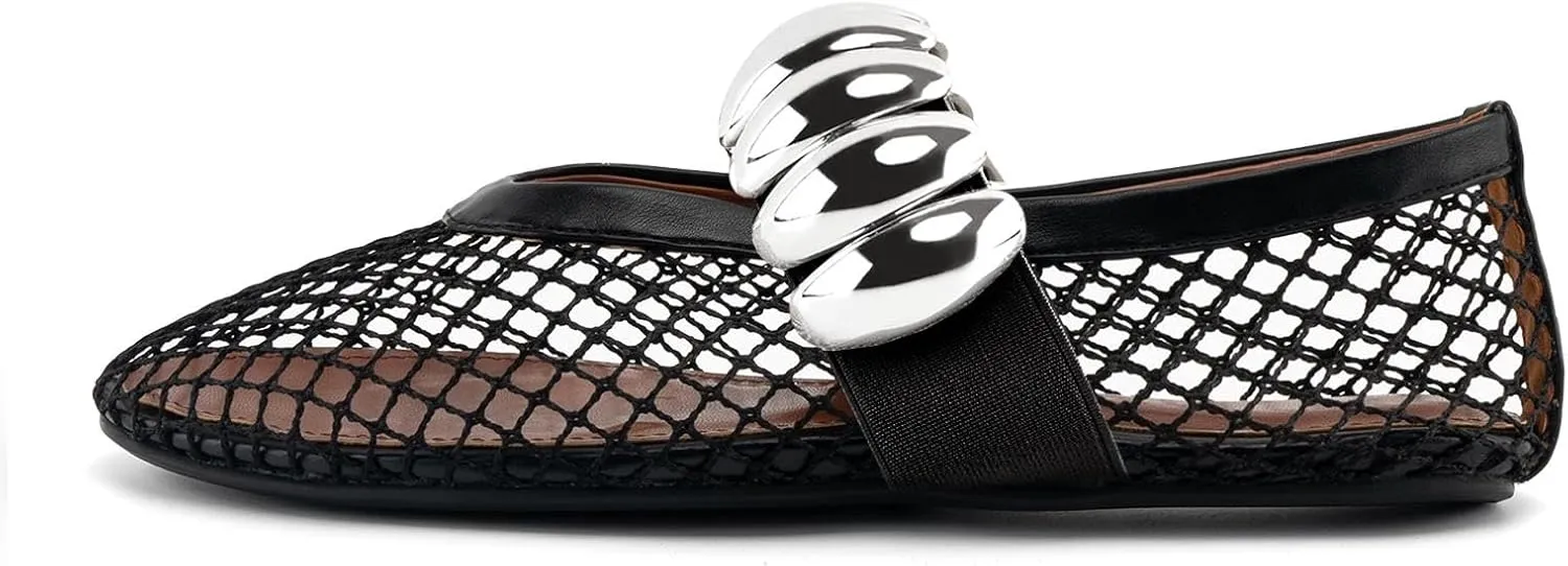 DREAMCIA Mesh Ballet Flats for Women Buckle Strap Ballerina Fishnet Shoes Slip-on Round Toe Jewel Mary Jane Flats Comfy Daily Dress Shoes
