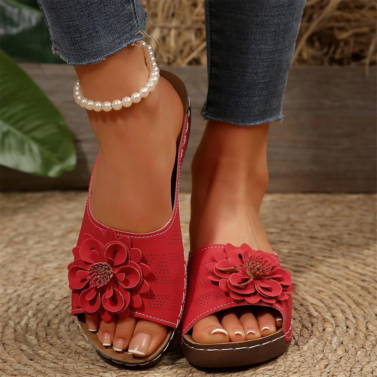 Dress Sandals for Women 2025 Comfortable Flower Sandals for Women Orthopedic Summer Beach Platform Leather Wedge Arch Support
