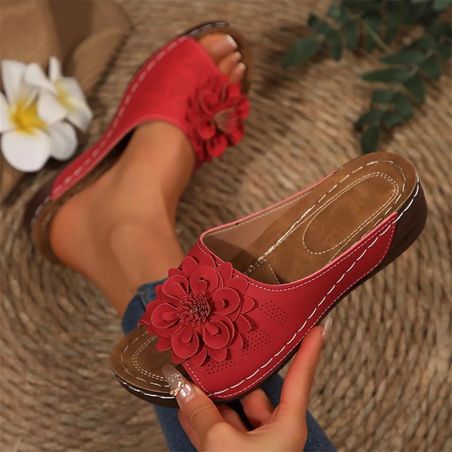 Dress Sandals for Women 2025 Comfortable Flower Sandals for Women Orthopedic Summer Beach Platform Leather Wedge Arch Support