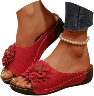 Dress Sandals for Women 2025 Comfortable Flower Sandals for Women Orthopedic Summer Beach Platform Leather Wedge Arch Support