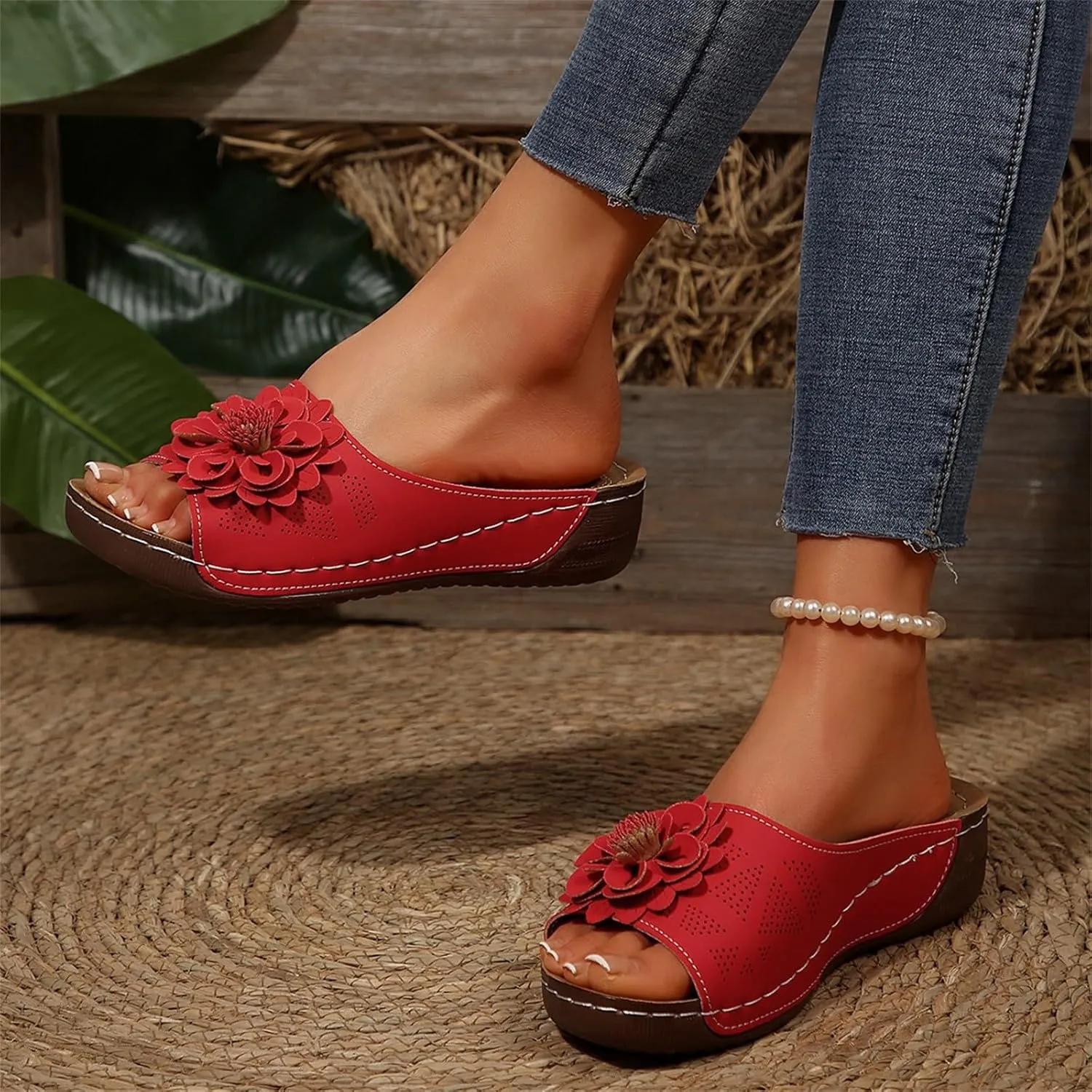 Dress Sandals for Women 2025 Comfortable Flower Sandals for Women Orthopedic Summer Beach Platform Leather Wedge Arch Support
